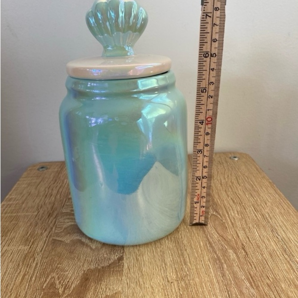 Rae Dunn "Hello Summer" iridescent blue ceramic canister with a seashell lid. - Picture 4 of 5